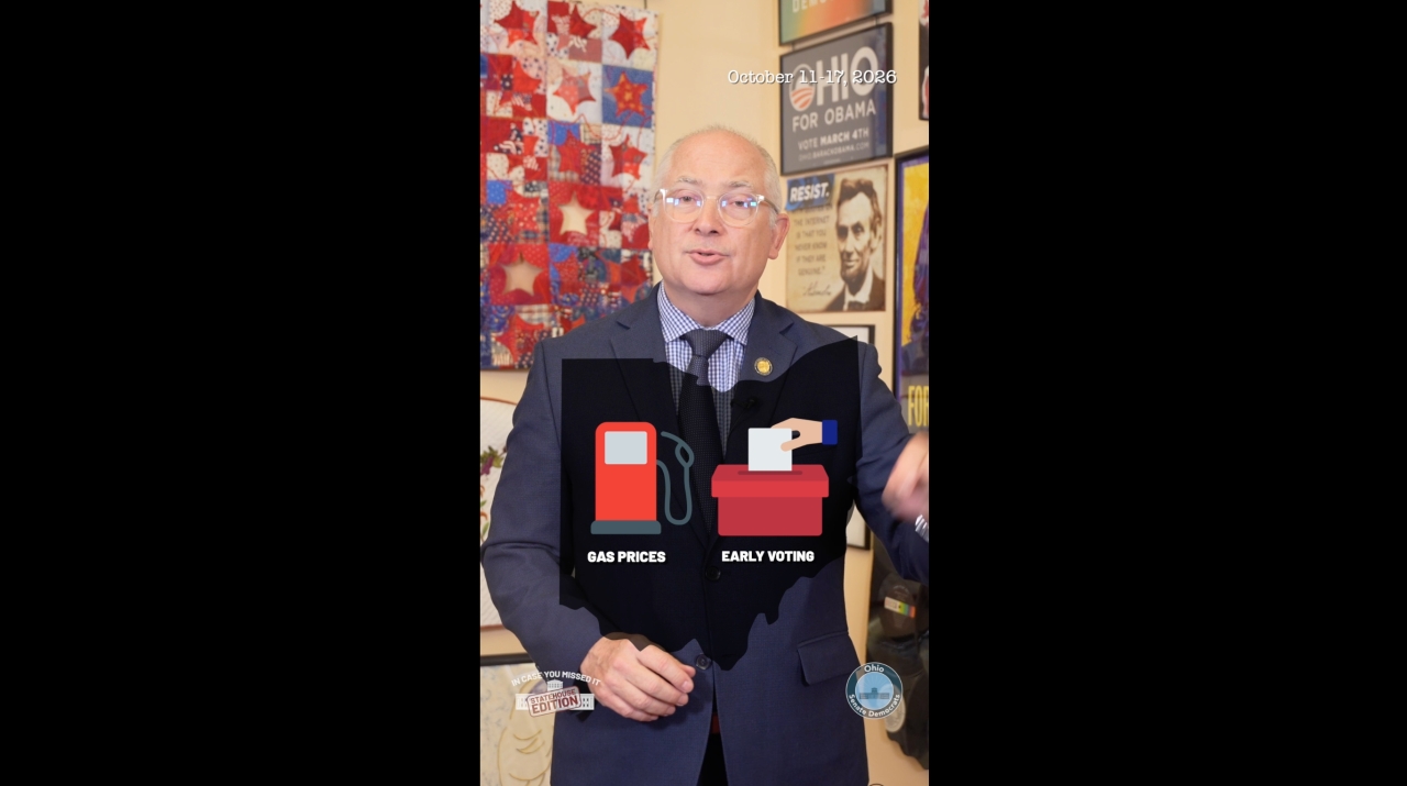 Senator Kent Smith with an icon of a gas pump and ballot box inside Ohio.