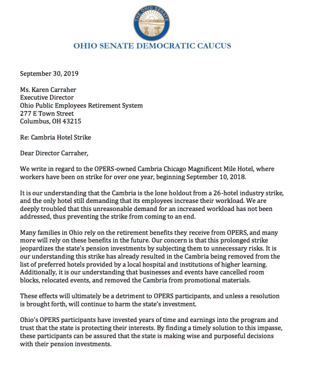 Craig, Senate Democrats Call for End to Yearlong Strike at OPERS-owned Hotel